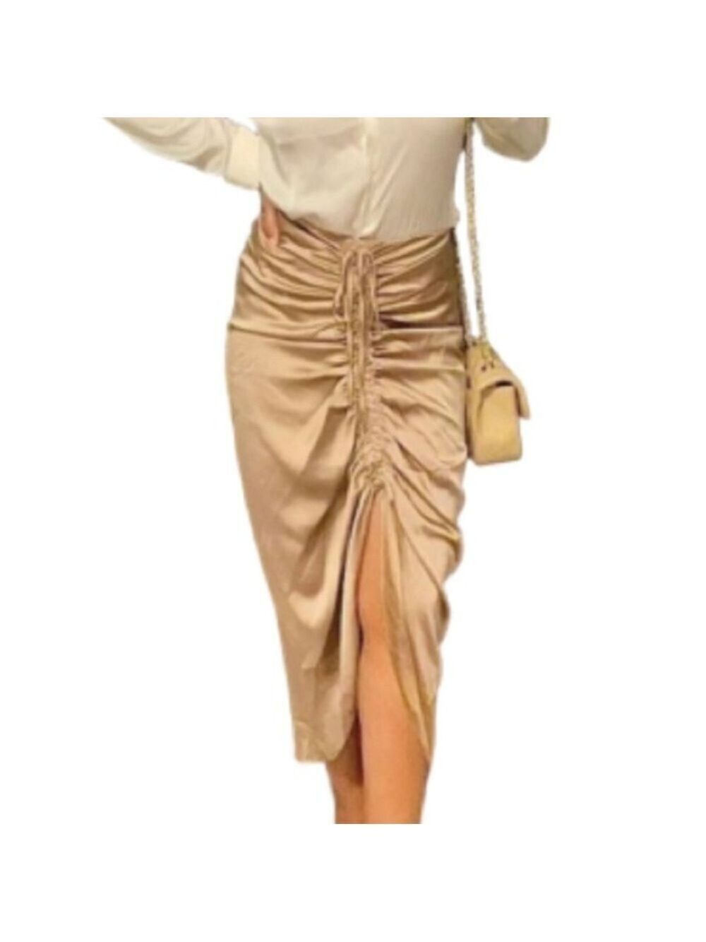 Mustard Seed Ruched Gold satin gathered maxi Asymmetrical Skirt large